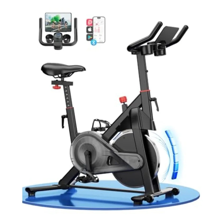 Indoor Cycling Bike for Home Gym with Brake Pad Low Noise Design 300LBS Weight Capacity Black Frame LCD Monitor and Cup Holder