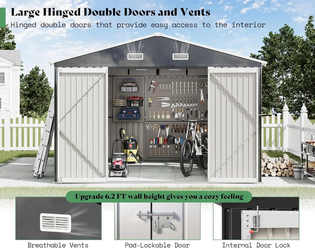 10x12x7 FT Outdoor Storage Shed with 2 Transparent Panels, Metal Garden Shed with Hinged Double Doors, 2 Windows & 4 Vents, Rein