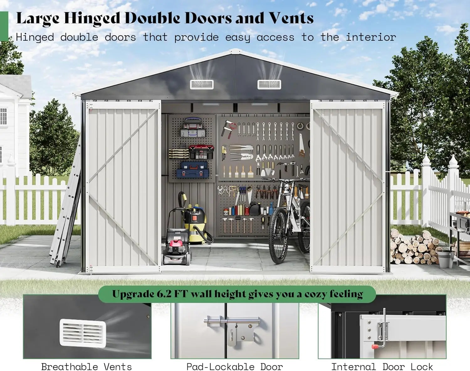 10x12x7 FT Outdoor Storage Shed with 2 Transparent Panels, Metal Garden Shed with Hinged Double Doors, 2 Windows & 4 Vents, Rein