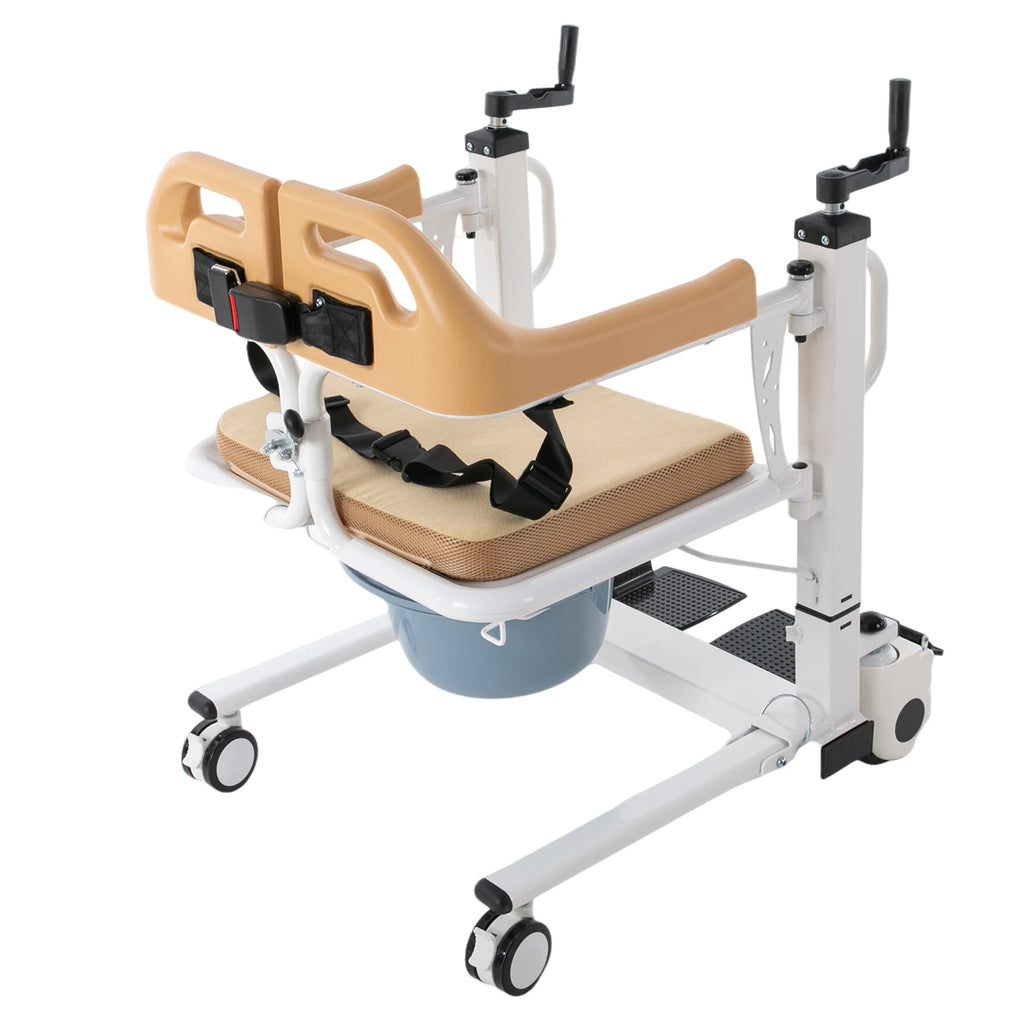 Manual Hand Commode Chair 220.46 lbs Crank Shifting Caregiver Mobility Aid Patient Lift Transfer Machine Seat Elderly Disabled