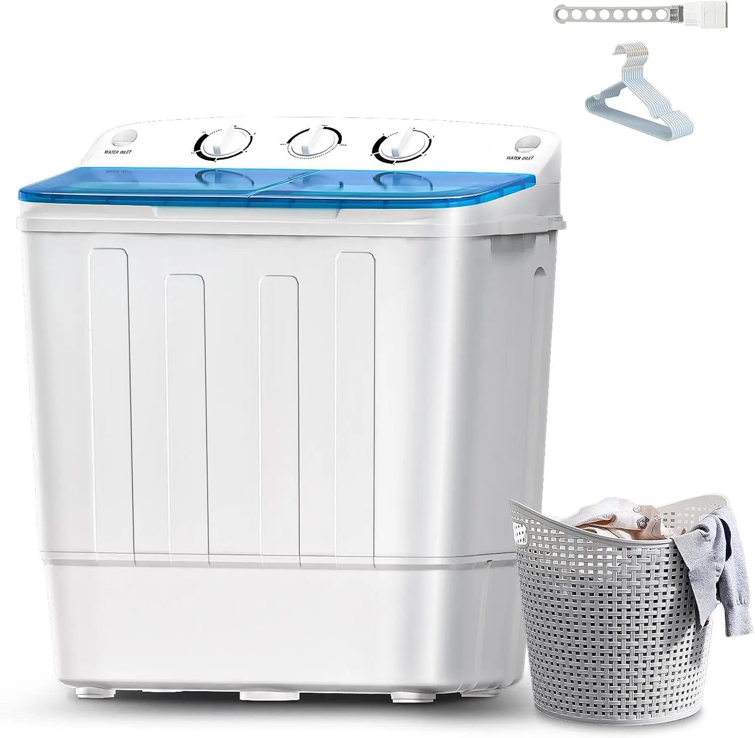 Twin Tub Mini Washing Machine for Dorm, RV, Camping, Apartment - Plastic Material, Free Drying Rack & 10 Hangers, 18lbs Compact