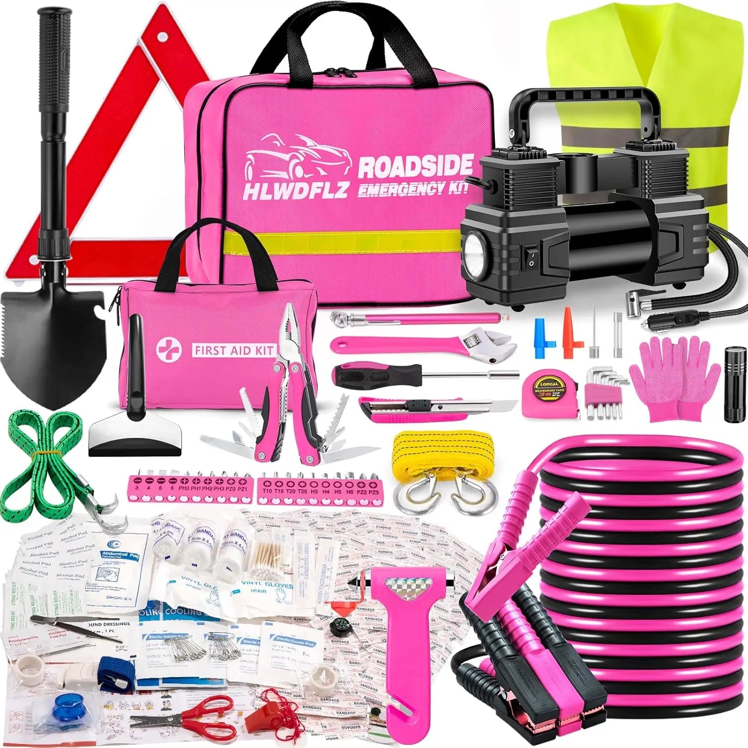 Portable Air Compressor Car Emergency Kit with Jumper Cables, First Aid, Tools & Winter Safety Accessories in Pink