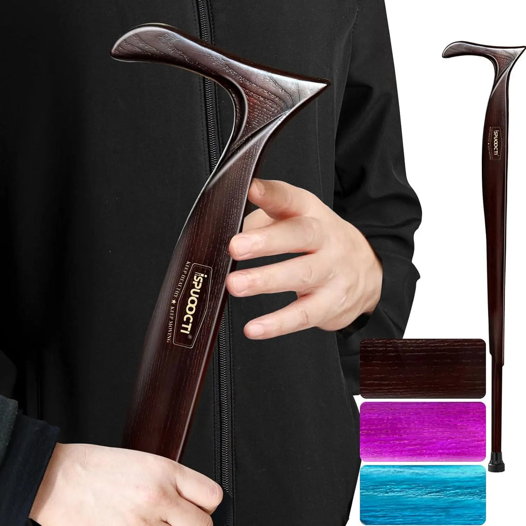 Natural Solid Wood Walking Cane with Rubber Tips and Travel Bag - Ergonomic Unisex Cane for Seniors