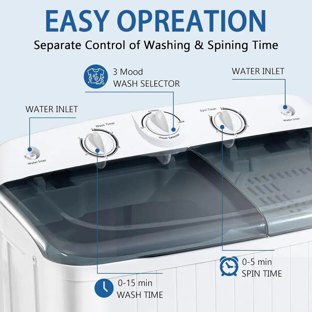 Compact Twin Tub Washer and Dryer, 22lbs Capacity, with Rack & Hangers, Ideal for Camping and RV Use