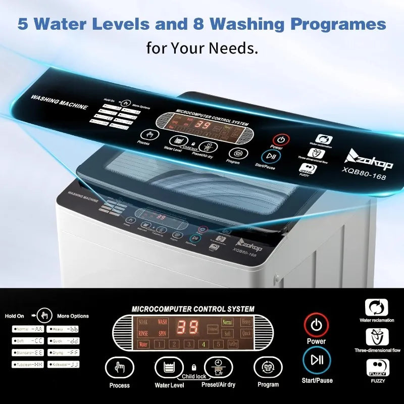 Full Automatic Washing Machine with Drain Pump 30Lbs Capacity Tempered Glass Lid Portable Washer Spinner 8 Programs 5 Water