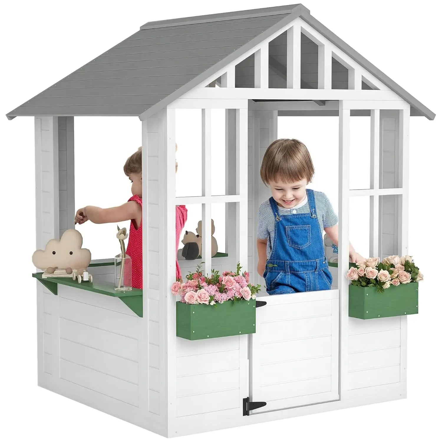 Wooden Playhouse, Outdoor Garden Games Cottage, with Working Door, Windows, Flowers Pot Holder, Customized