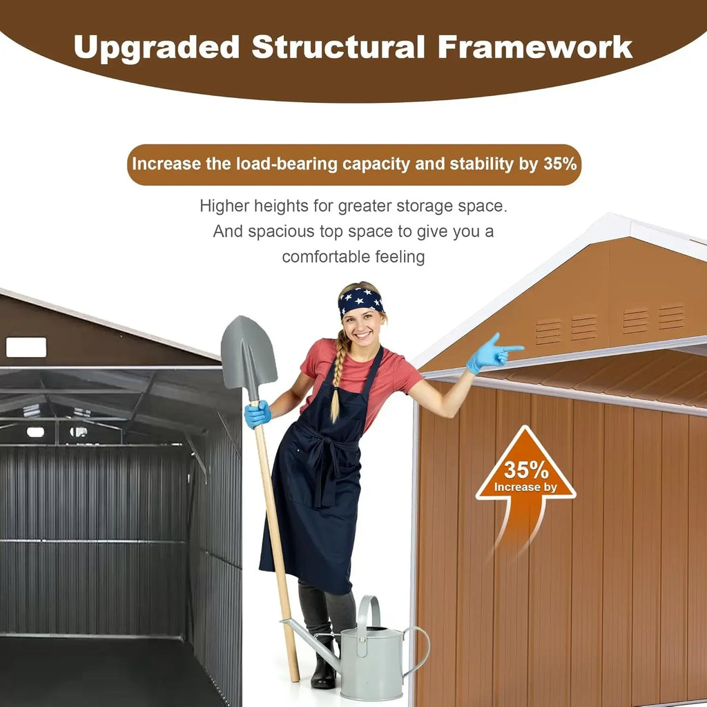 10x8 FT Outdoor Steel Storage Shed with Clear Windows, Sliding Lockable Door & Ventilation, Brown and White Weather-Resistant Me