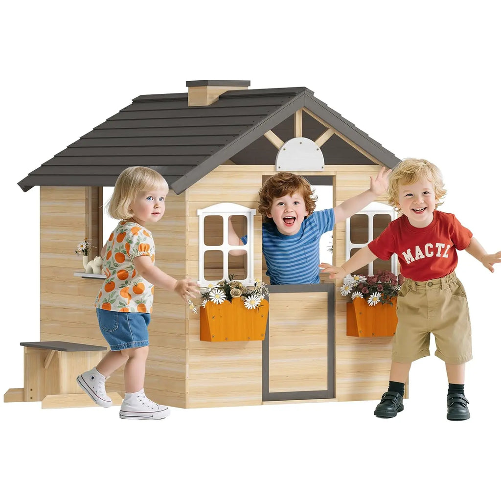 Outdoor Garden Wooden Playhouse with Operable Doors and Windows, Bench, Customizable