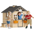 Outdoor Garden Wooden Playhouse with Operable Doors and Windows, Bench, Customizable