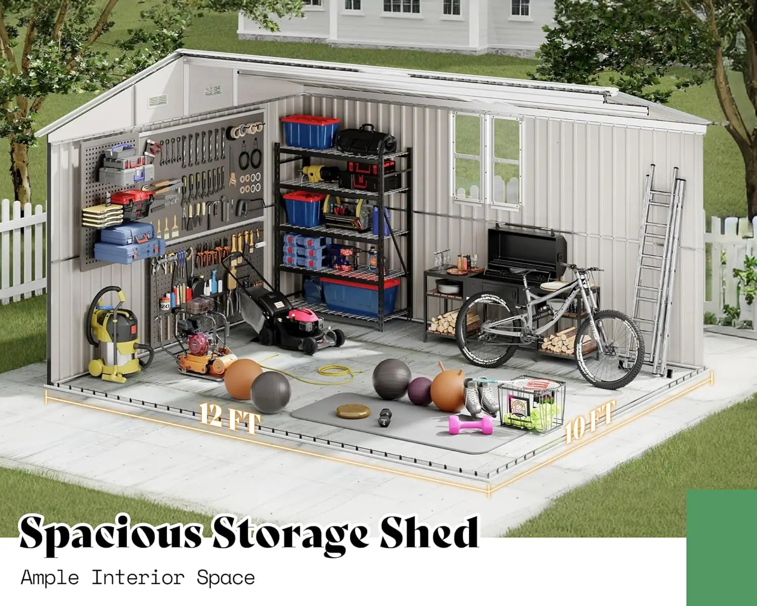 10x12x7 FT Outdoor Storage Shed with 2 Transparent Panels, Metal Garden Shed with Hinged Double Doors, 2 Windows & 4 Vents, Rein