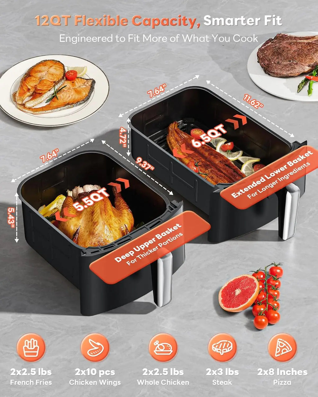 12QT Dual Basket Air Fryer, 10-in-1 Functions with SyncHeat Tech, Stacked Design for Even Cooking, Dishwasher Safe