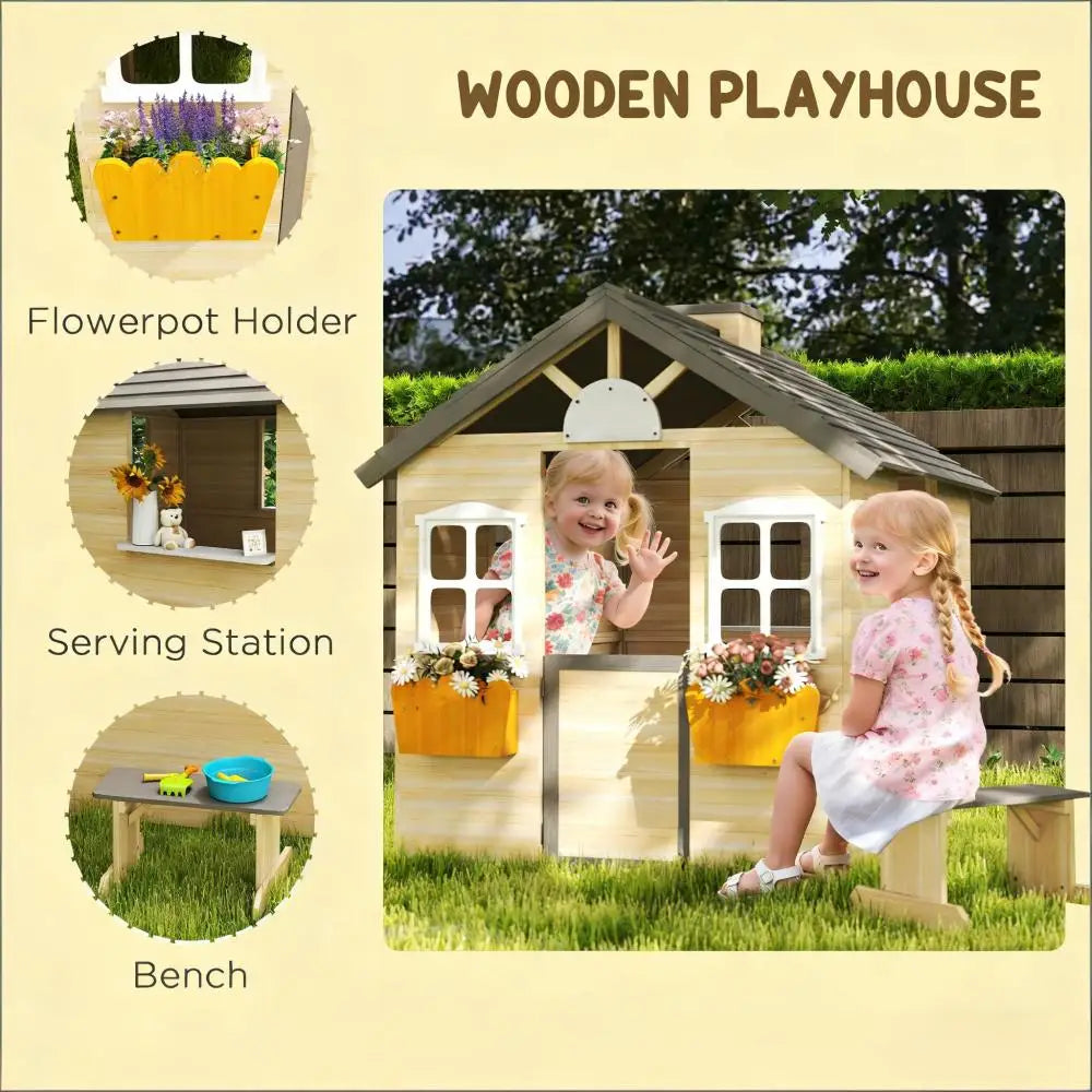 Wooden Playhouse Outdoor Cottage Playhouse W/Bench Door 2 Windows 3 Serving Station Flowerpot Holder Outdoor Garden for 3-6 Age