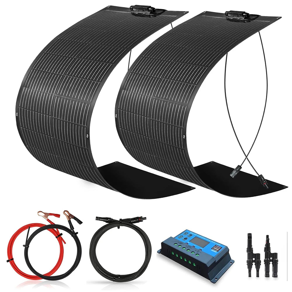 WUZECK Solar Panel Kit Flexible 200W Monocrystalline 2X100W Flexible Solar Module+20A 12V/24V Solar Charge Controller+Solar Cable Off-Grid System for 12V Batteries Solar System Motorhome Houses Balcony Camping