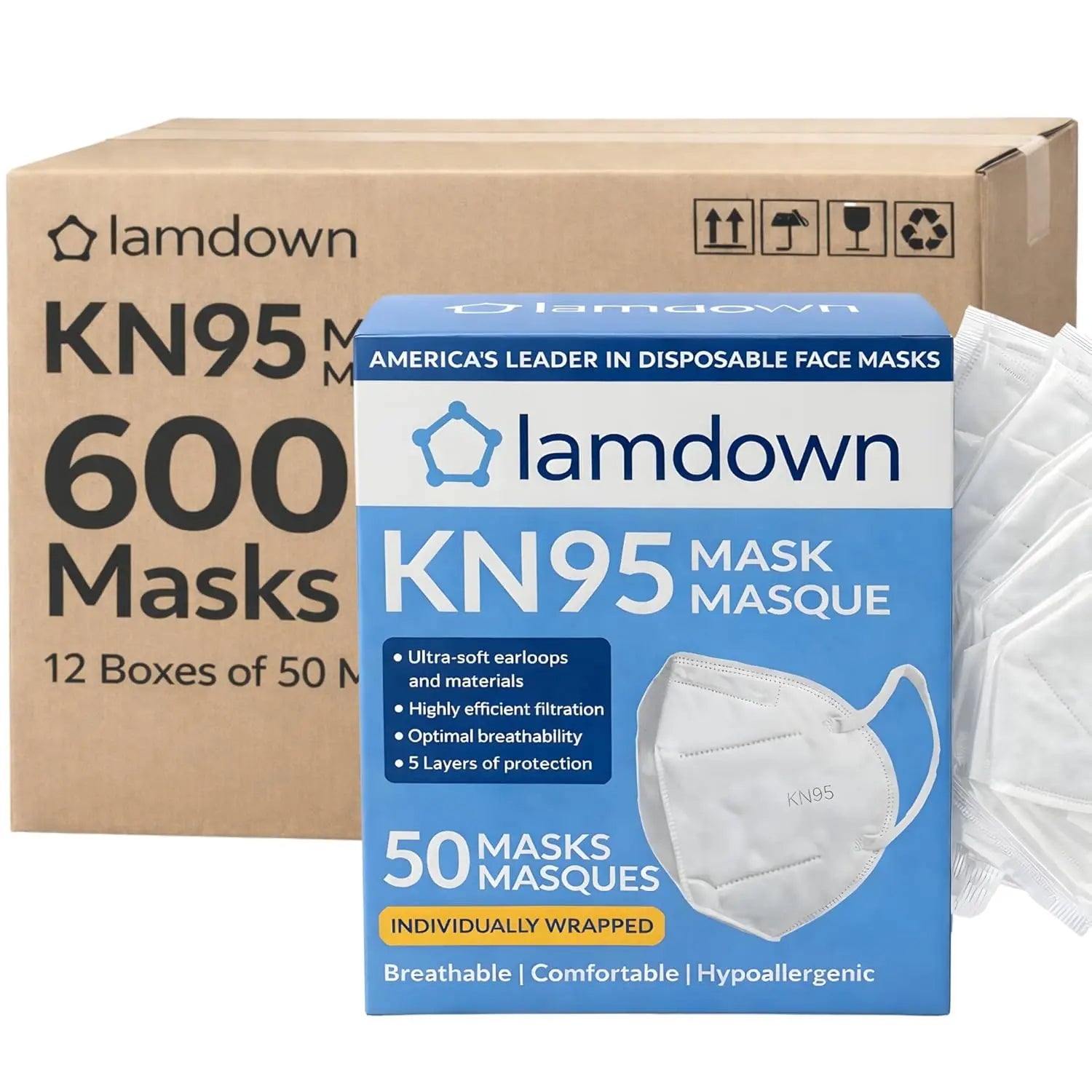 600-Pack KN95 Face Masks, Individually Wrapped, Premium Disposable Dust Mask in White