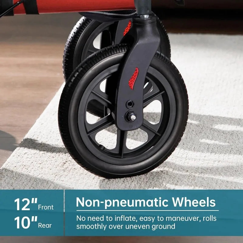 All-Terrain Rollator Walker with Seat, Outdoor Rolling Walker, 12” Non-Pneumatic Tire Front Wheels, Compact Folding Desi