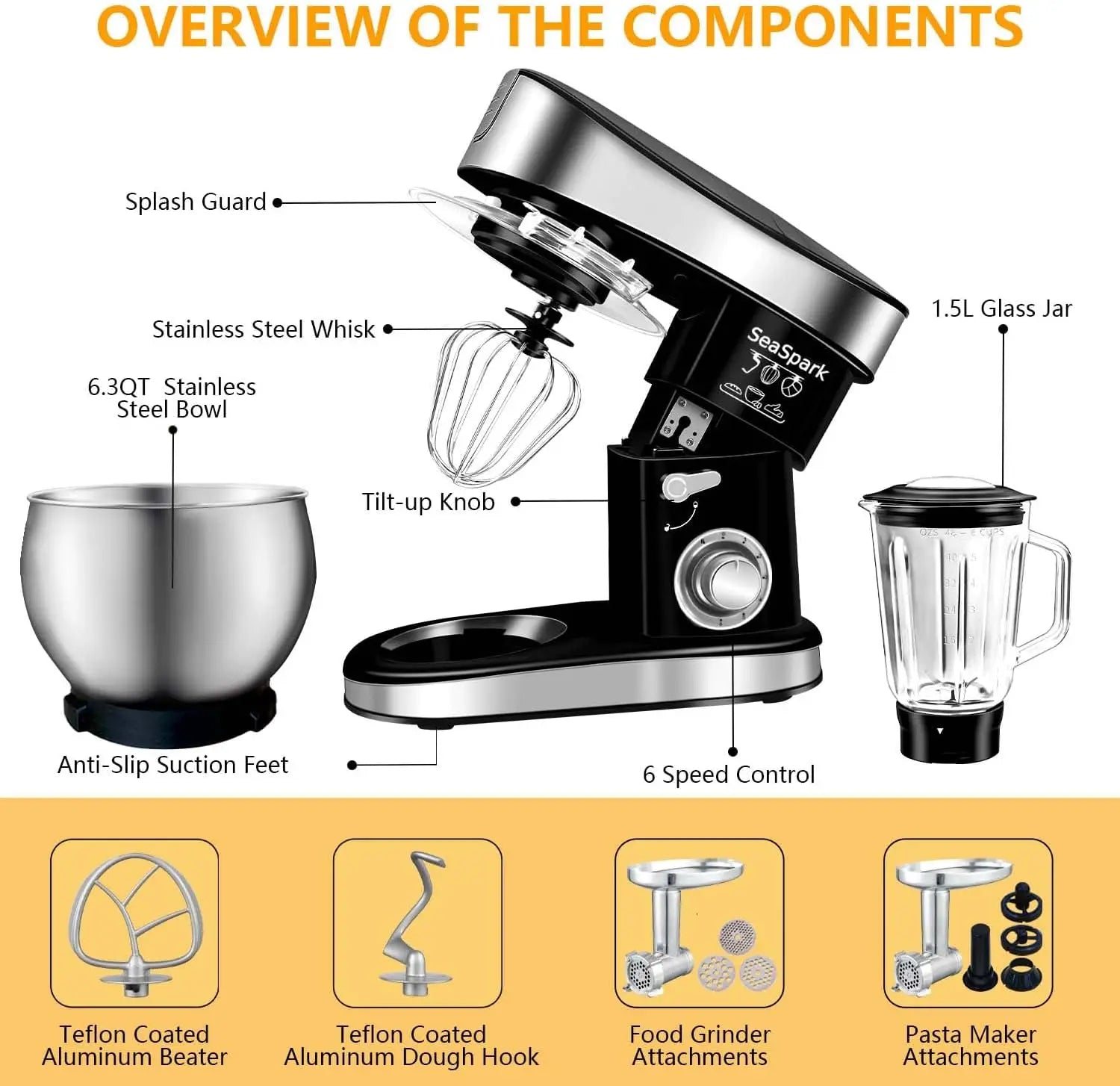 6-in-1 Stand Mixer with 6.3Qt Bowl, Meat Grinder, and Blender for Baking and Home Cooking