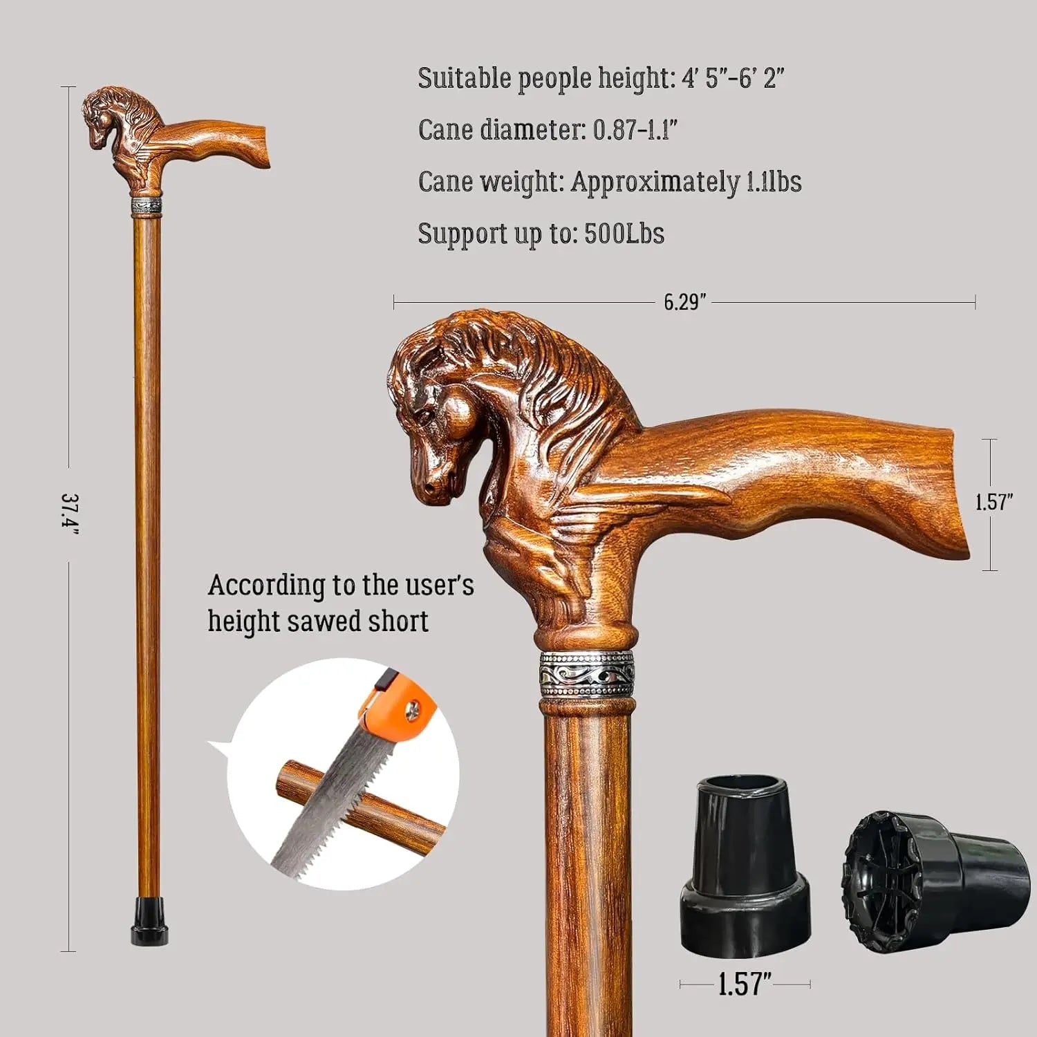 Elegant Hand-Carved Horse Head Wooden Walking Cane for Men and Women, Light Stable High-end Cane Suitable for Gift Giving