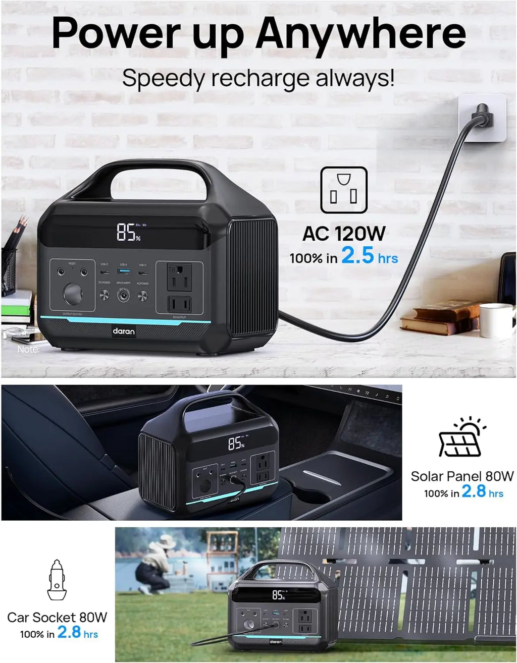 Portable Power Station 600W (1200W Surge) - 288Wh LiFePO4 Solar Generator with AC/DC Outlets, 8.3LB for Camping, RV, Emergency