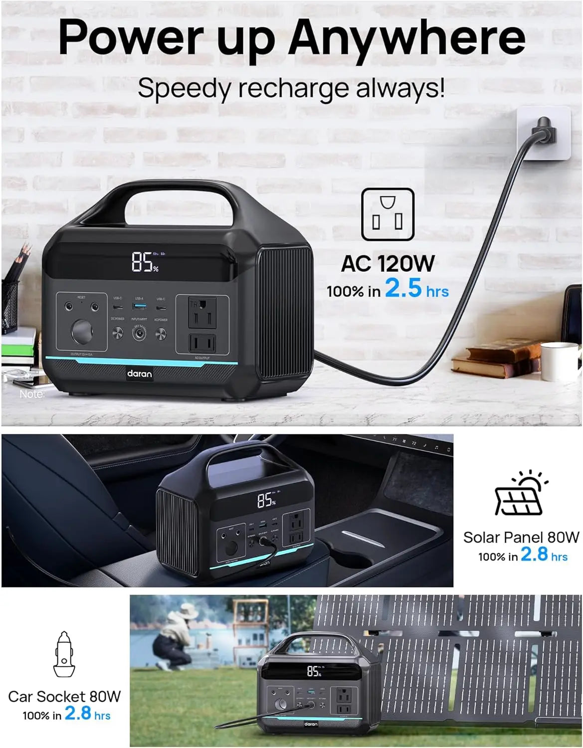 Portable Power Station 600W (1200W Surge) - 288Wh LiFePO4 Solar Generator with AC/DC Outlets, 8.3LB for Camping, RV, Emergency