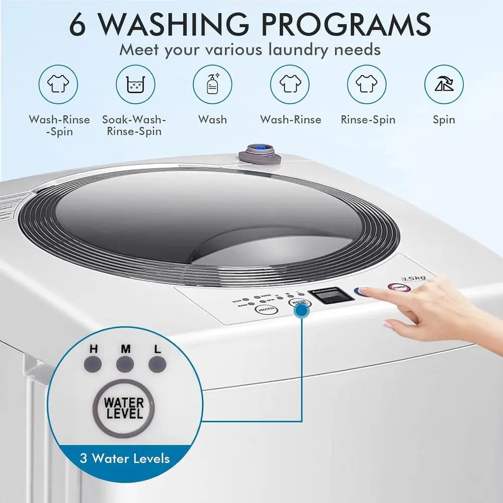 Compact 8LB Capacity Full-Auto Washer with 6 Cycles, LED Display, 3 Water Levels, Ideal for Home, Apartment, Dorm, and RVs