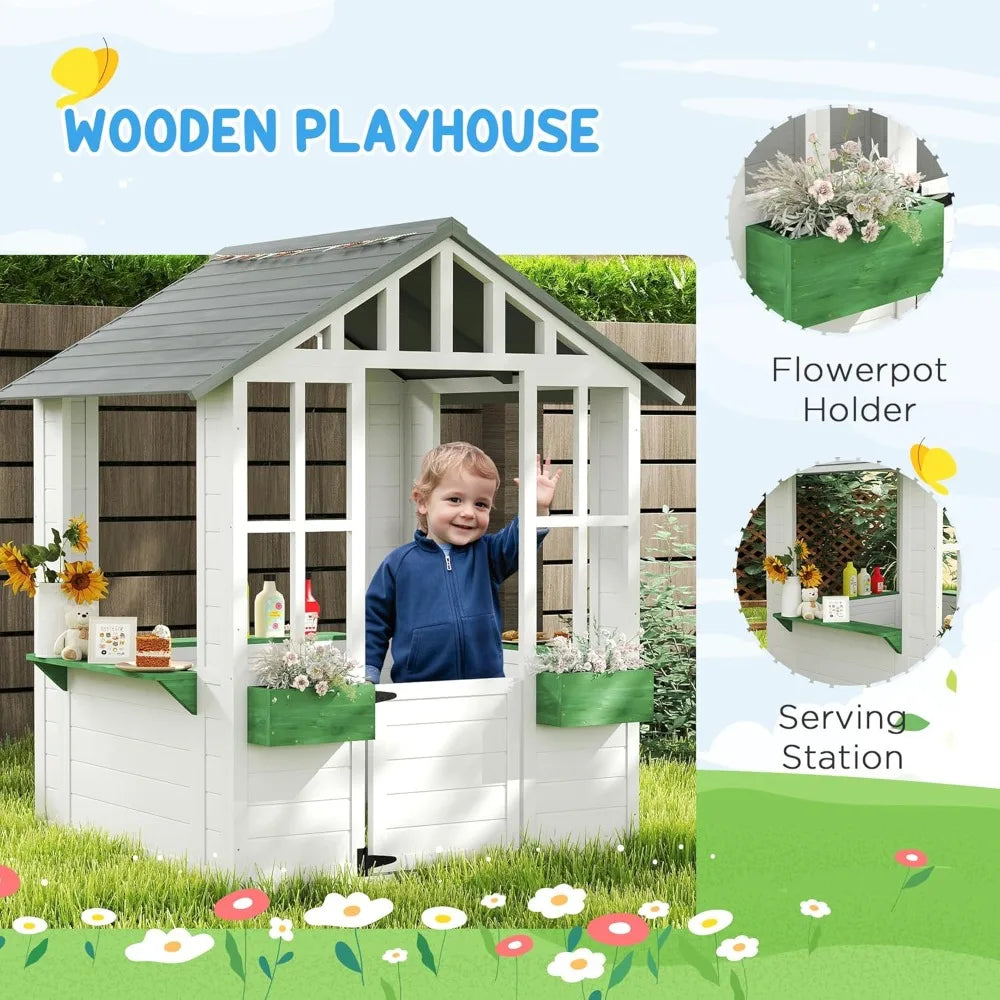 Wooden Playhouse, Outdoor Garden Games Cottage, with Working Door, Windows, Flowers Pot Holder, Customized