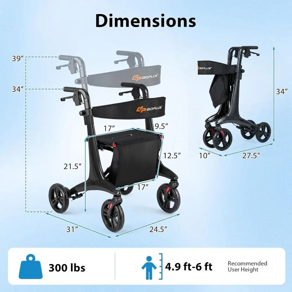 Ultralight Carbon Fiber Rollator Walker with 8 Wheels, 6-Position Handle, Adjustable Backrest for Adult Mobility