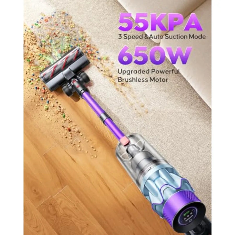 Cordless Vacuum Cleaner 70min 650W 55KPA Self-Standing for Home with 3.3Ft Hose Auto Mode Wall Mount Charging Stick Vacuums for