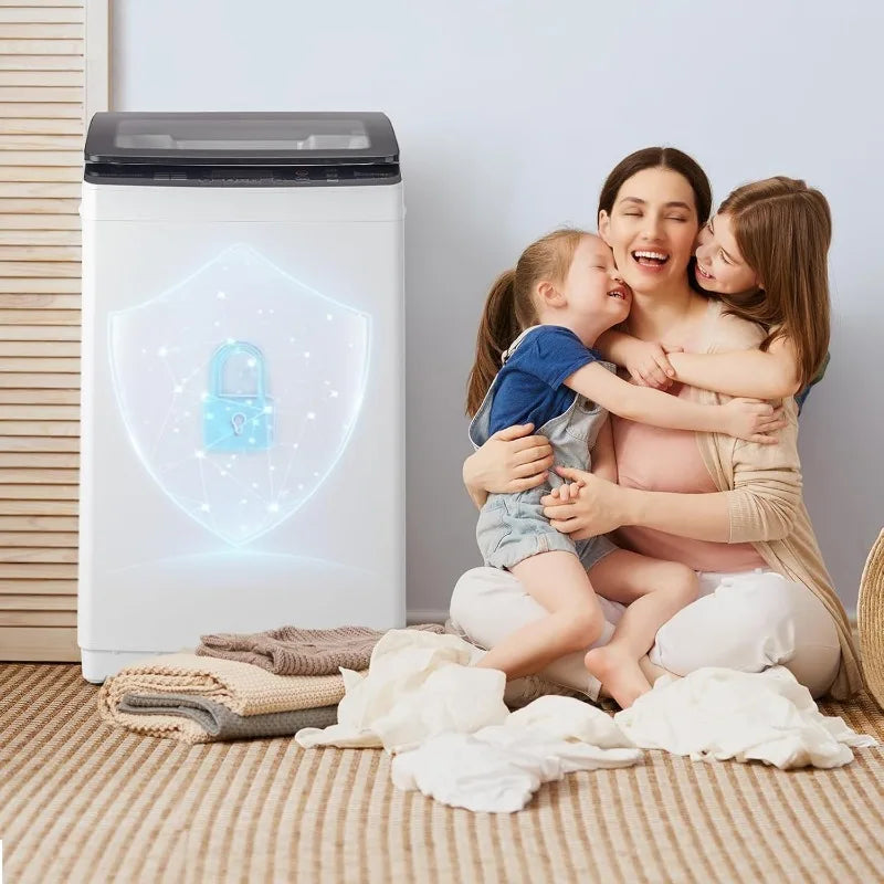 Full Automatic Washing Machine with Drain Pump 30Lbs Capacity Tempered Glass Lid Portable Washer Spinner 8 Programs 5 Water