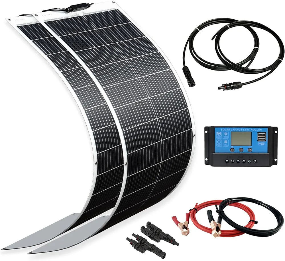 WUZECK Solar Panel Kit Flexible 200W Monocrystalline 2X100W Flexible Solar Module+20A 12V/24V Solar Charge Controller+Solar Cable Off-Grid System for 12V Batteries Solar System Motorhome Houses Balcony Camping