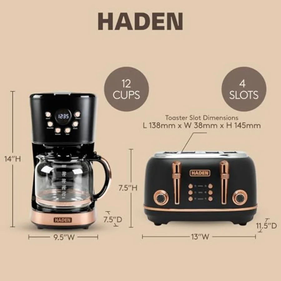 4-Slice Wide Slot Stainless Steel Toaster with 12-Cup Programmable Drip Coffee Maker in Black and Copper for Home Kitchen Use