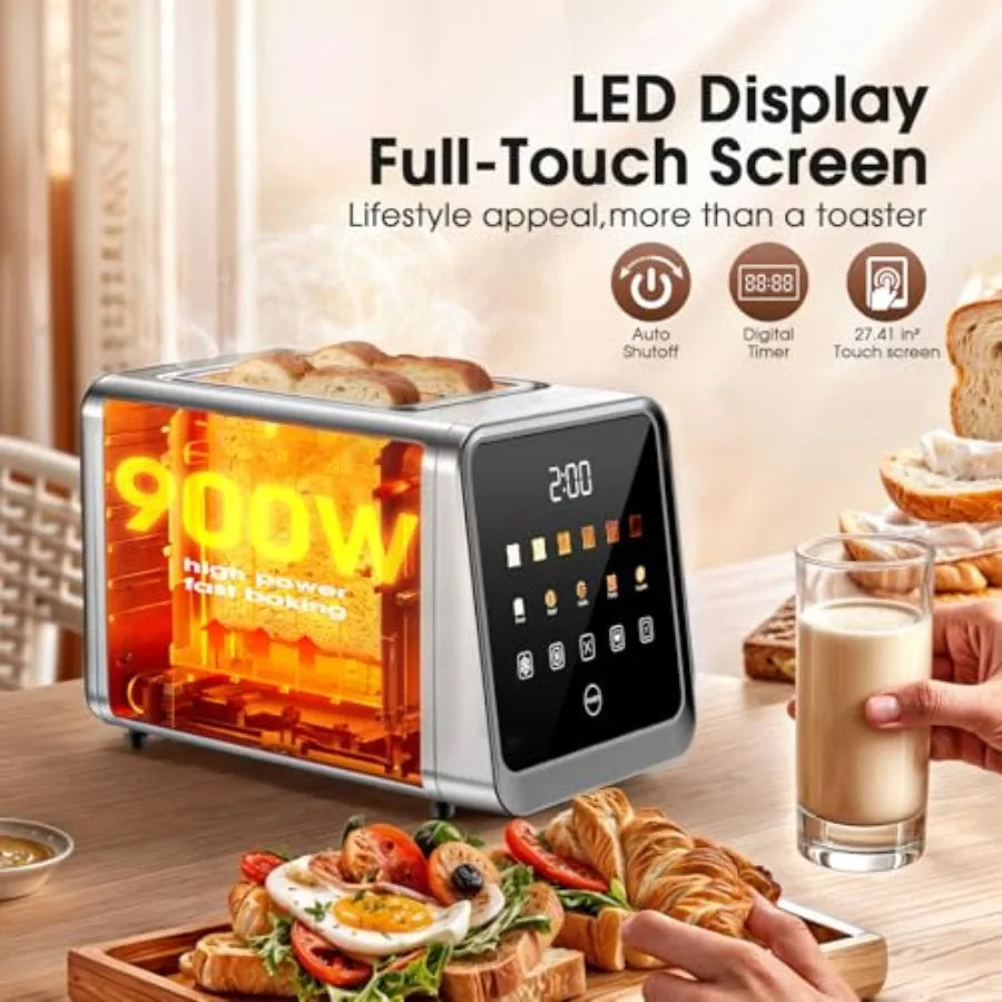 2-Slice Touch Screen Stainless Steel Digital Toaster with Single Slot Memory 5 Bread Types 6 Shade Settings 1.5 Wide Slots 900W
