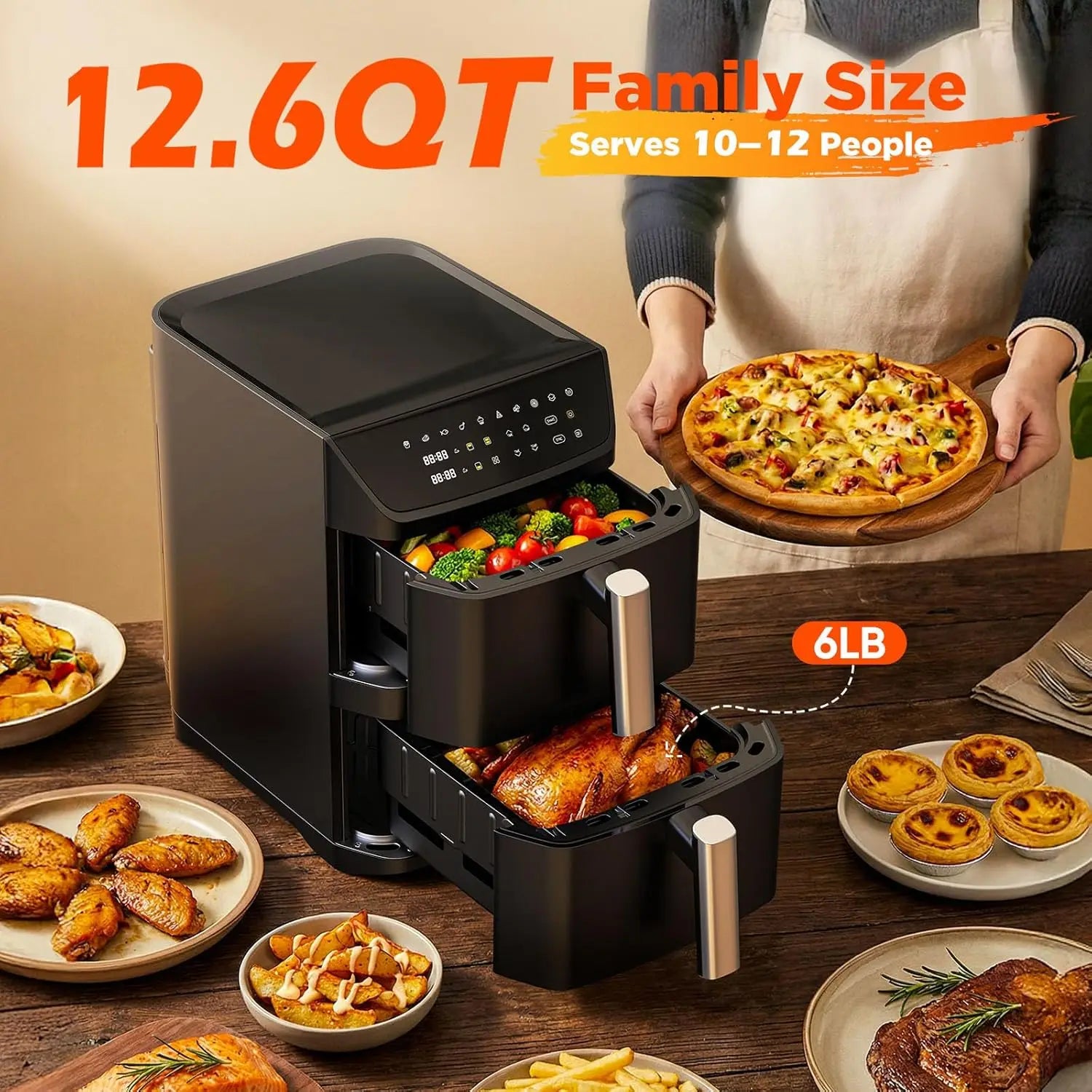 12.6QT Dual Basket Air Fryer for 10-12 People, Cooks Whole Chicken, 10-in-1 Functions with SyncFinish, Dishwasher-Safe