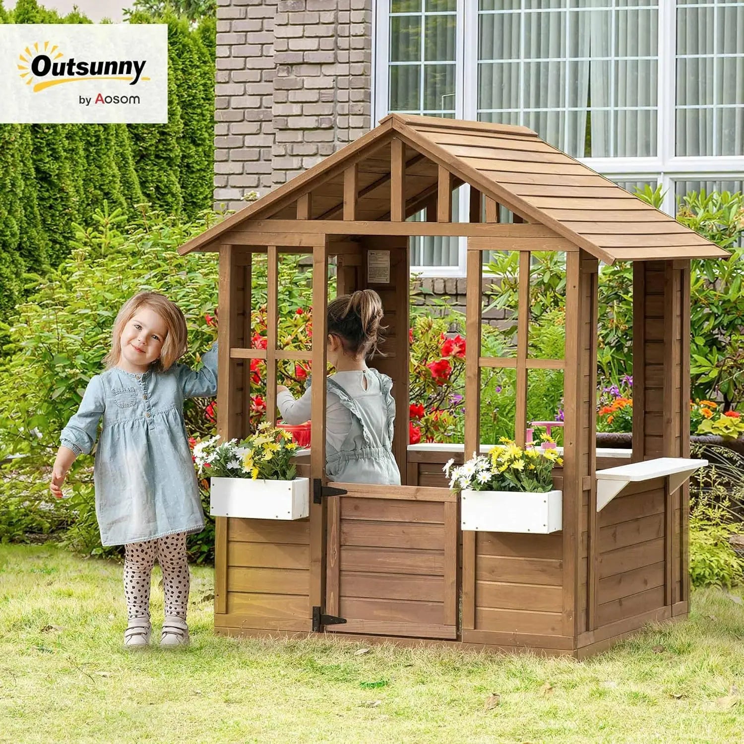 Kids Wooden Playhouse, Outdoor Garden Games Cottage, with Working Door, Windows, Flowers Pot Holder, 47" x 38" x 54", Customized