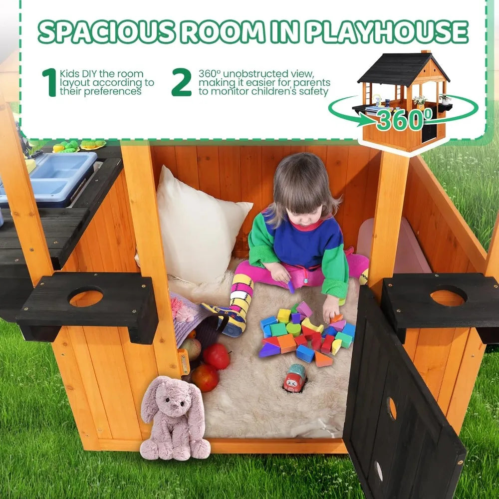 Outdoor Playhouse with Sink Toys, Picnic Table, Mailbox, Spacious Wooden Toddler Playhouse, Customized