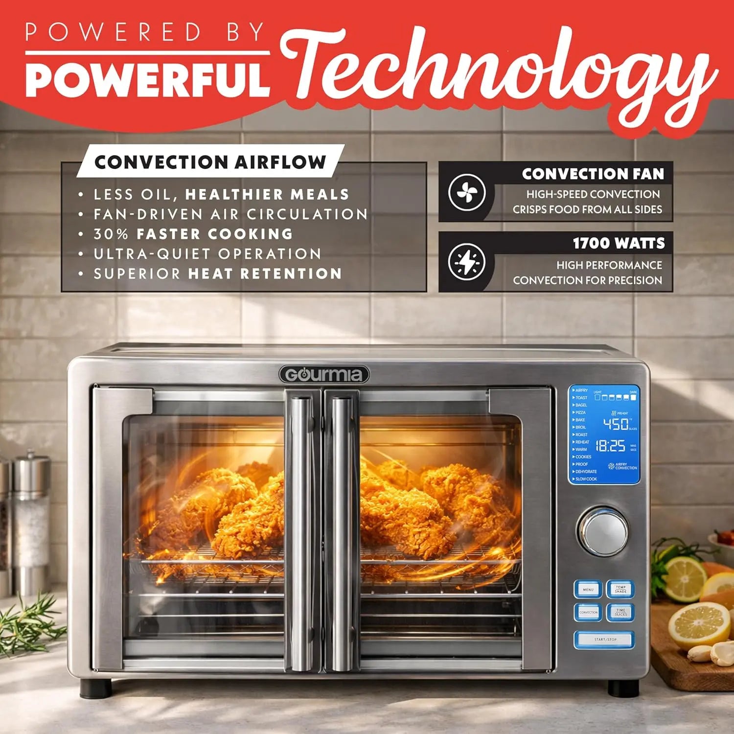 6-Slice Air Fryer Toaster Oven with 14 Presets, LED Display & French Door - Stainless Steel