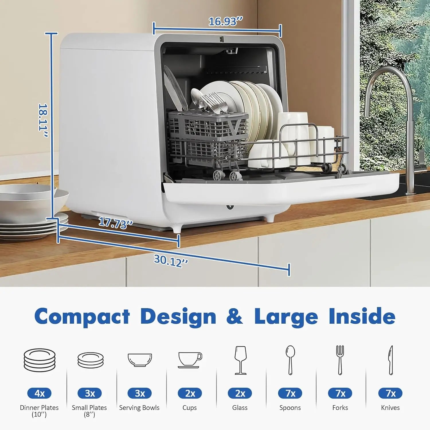 Portable Dish Washer Countertop with Faucet & Manual 5L Water Tank Modes Water Inlet Compact with More Space Inside 6 Programs