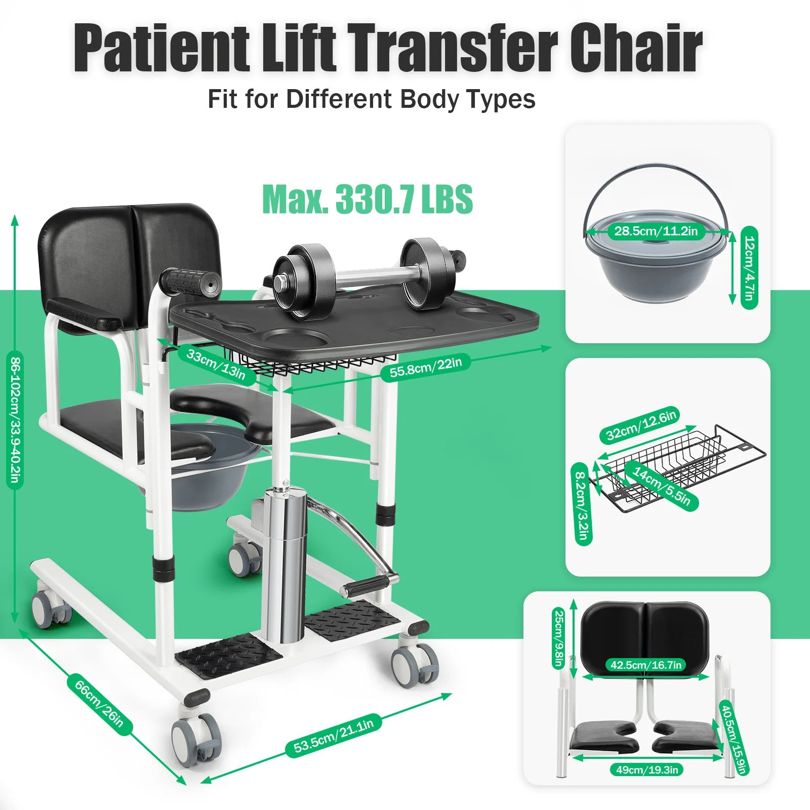 330lbs Hydraulic Patient Lift Chair 180° Split Bath Commode Seat Transfer Adjustable Height Detachable Cushion & Portable Potty