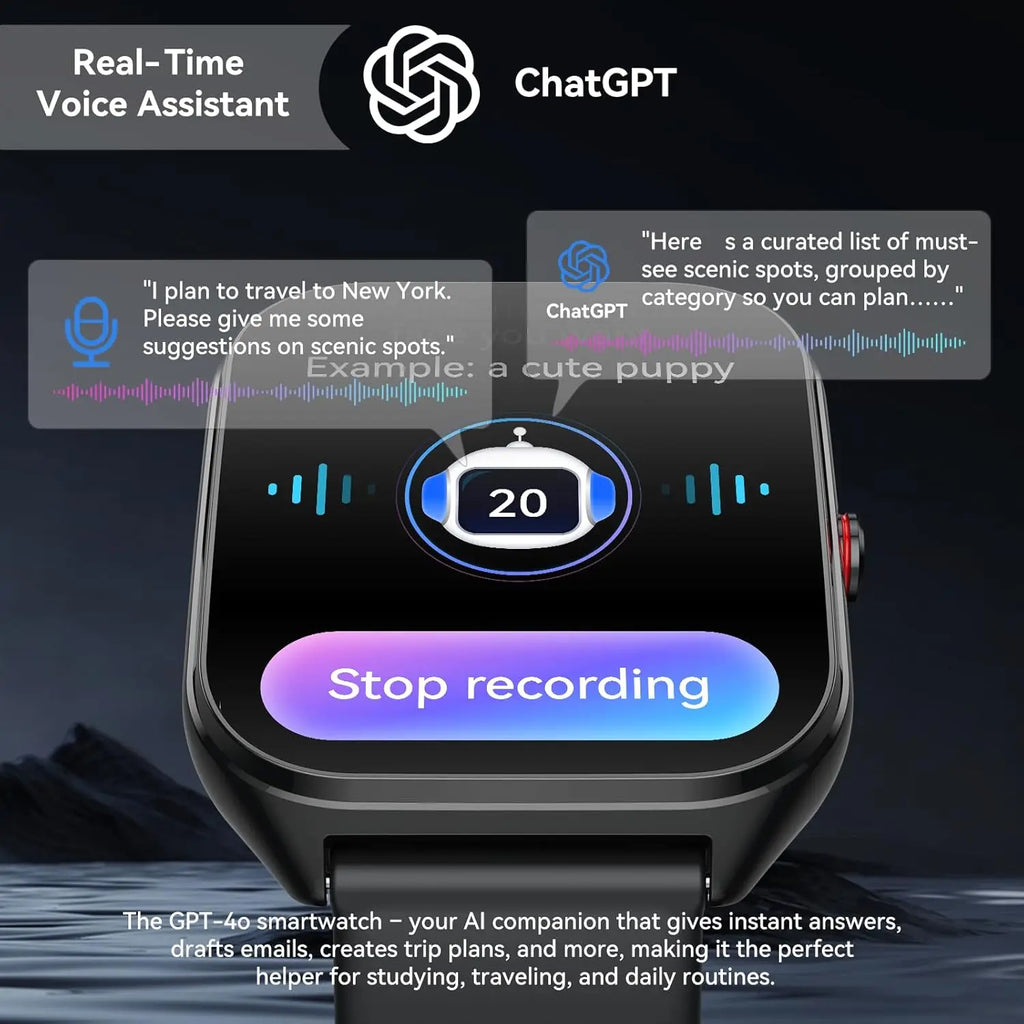 AI Smart Watch for Men Women with ChatGPT, 1000mAh Fitness Tracker, 60-Day Standby, 1.96" HD Screen, 200+ Sport Modes