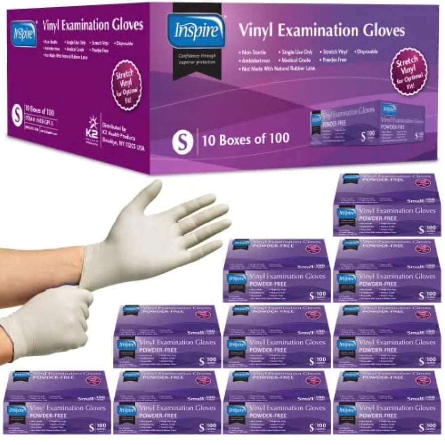 Inspire Stretch Vinyl Exam Gloves THE ORIGINAL Quality Disposable Latex Free Medical Glove for Cleaning Cooking Food Service La