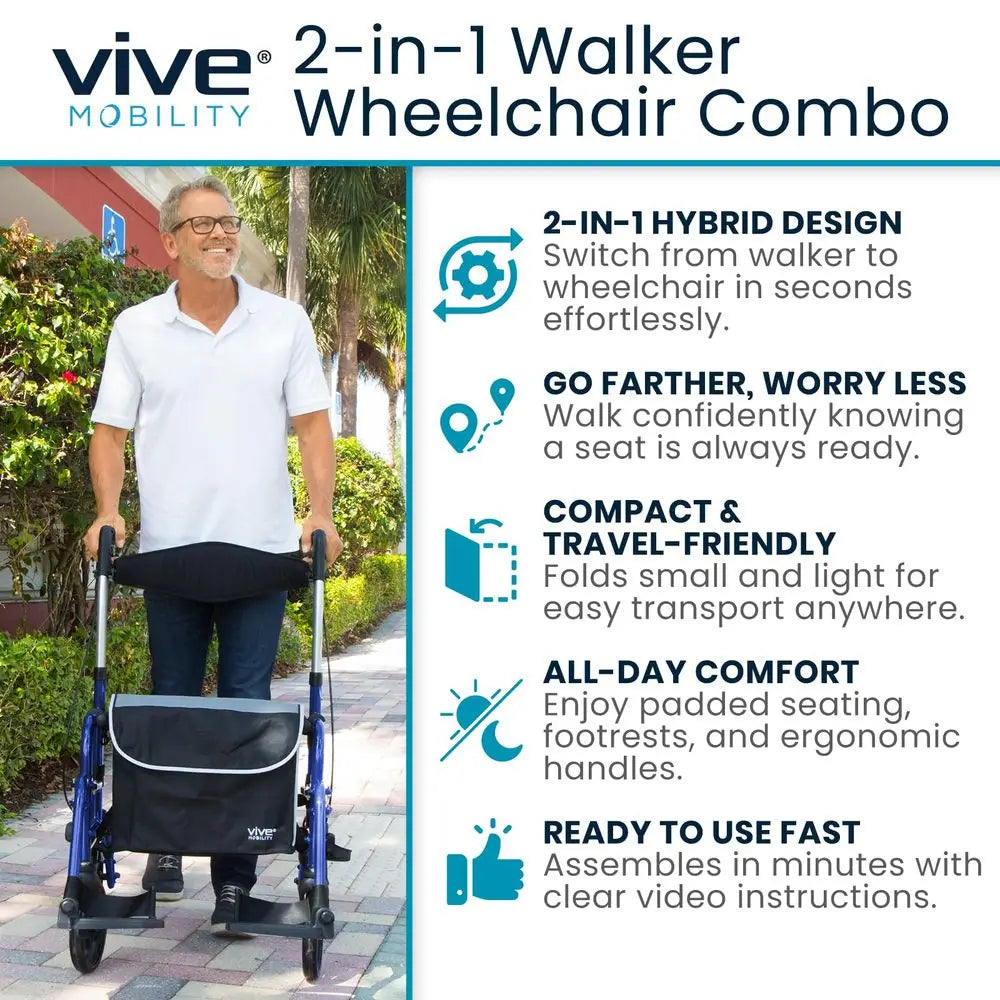 Walker Wheelchair Combo Rollator Transport Chair for Seniors with Seat, 8 Inch Wheels, Foldable Lightweight Aluminum Frame, 300