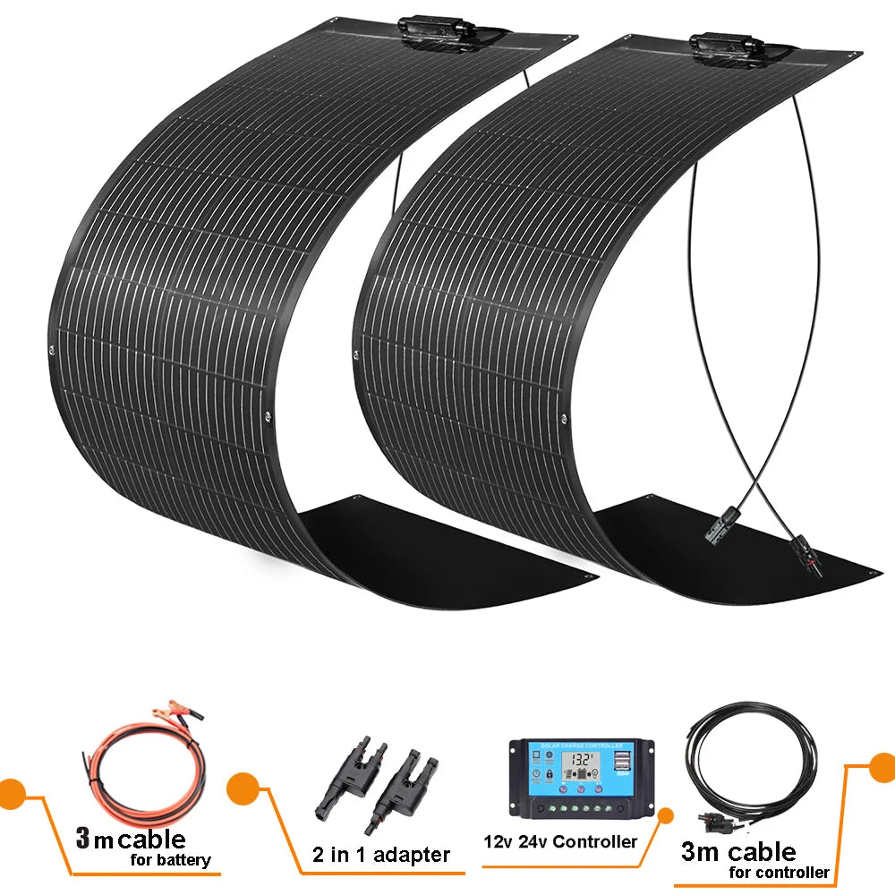WUZECK Solar Panel Kit Flexible 200W Monocrystalline 2X100W Flexible Solar Module+20A 12V/24V Solar Charge Controller+Solar Cable Off-Grid System for 12V Batteries Solar System Motorhome Houses Balcony Camping