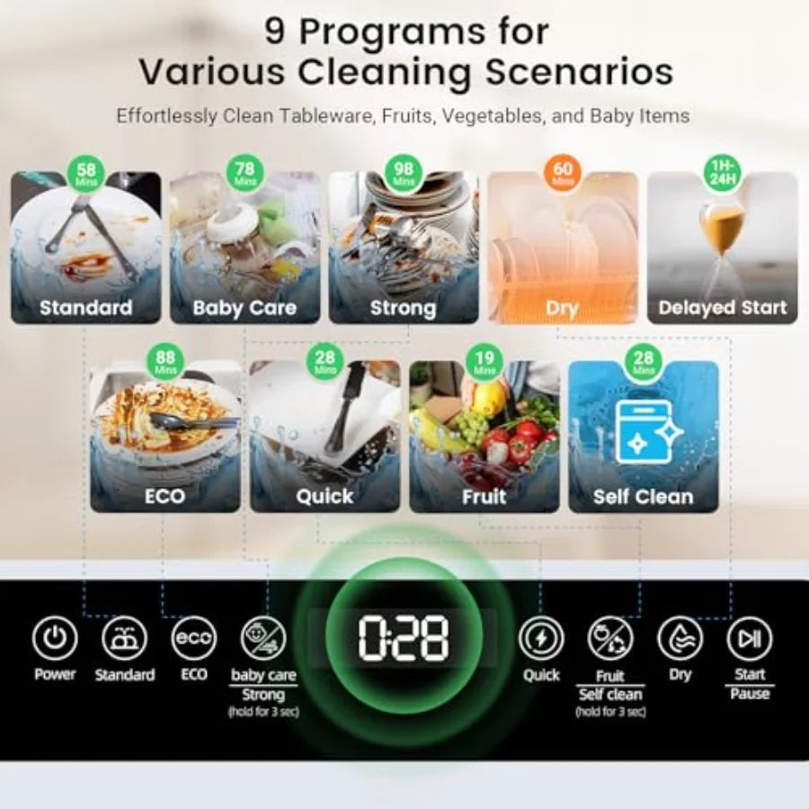 WiFi Countertop Portable Dishwasher Smart 9 Programs 167 High-Temp 360 3Spray 24H Timing Hot Air Drying Air Refresh Baby-Care L
