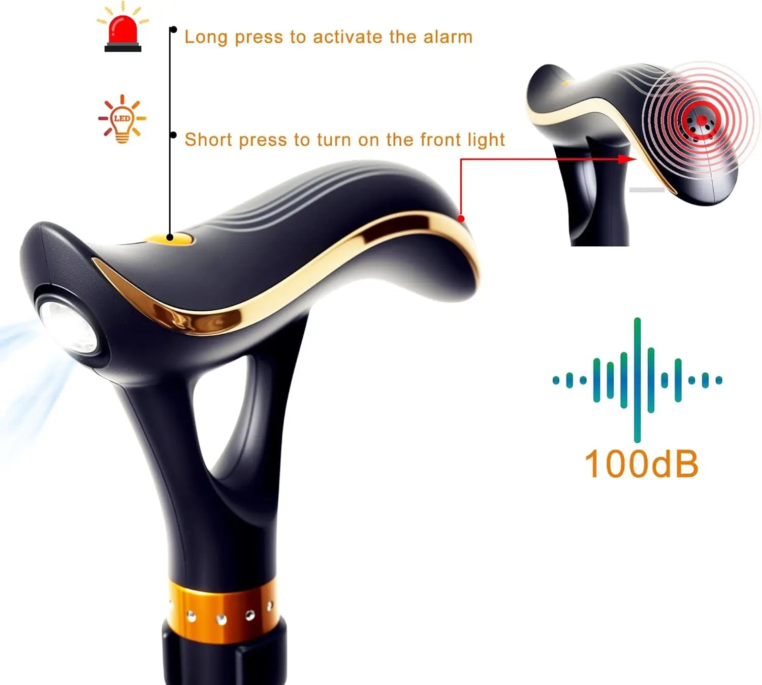 Foldable Adjustable Walking Cane with LED Light & Alarm, USB-C Rechargeable Heavy Duty Mobility Aid for Seniors