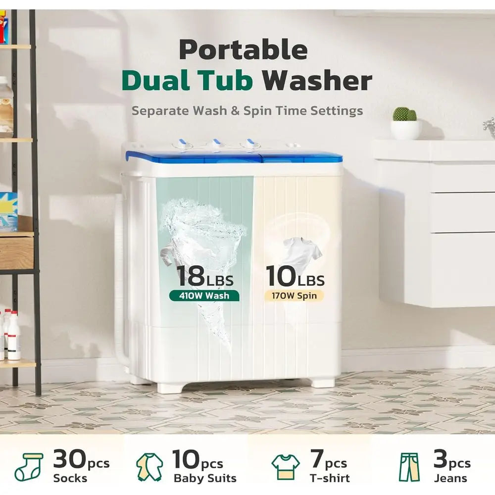Compact Twin-Tub Laundry Washer & Dryer Combo, 18lbs Wash & 10lbs Spin, Ideal for Dorms, Camping, RVs, Blue & White