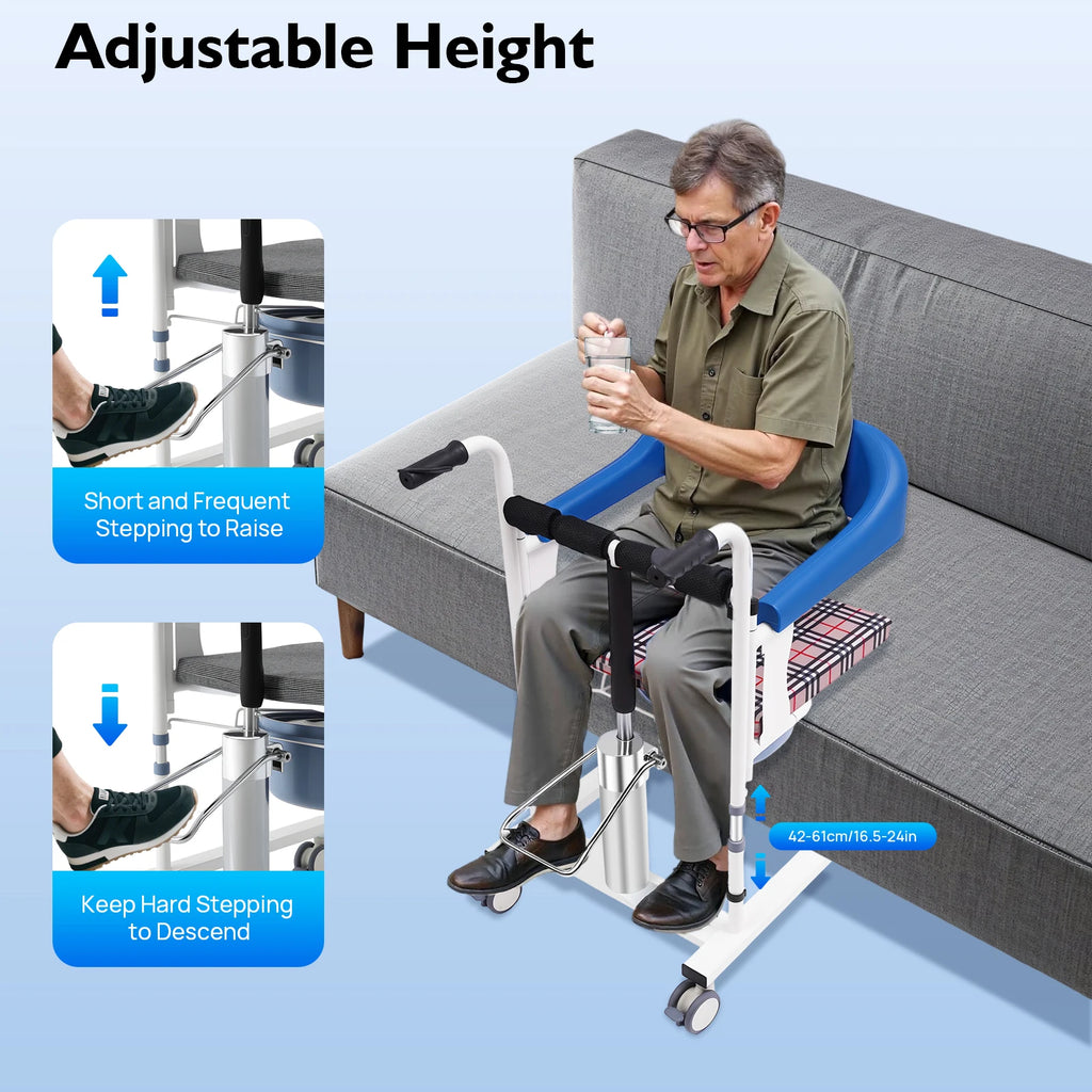 Hydraulic Patient Lift Nursing Chair Transport Seat with Commode, Adjustable Height Transfer Wheelchair for Elderly and Disabled