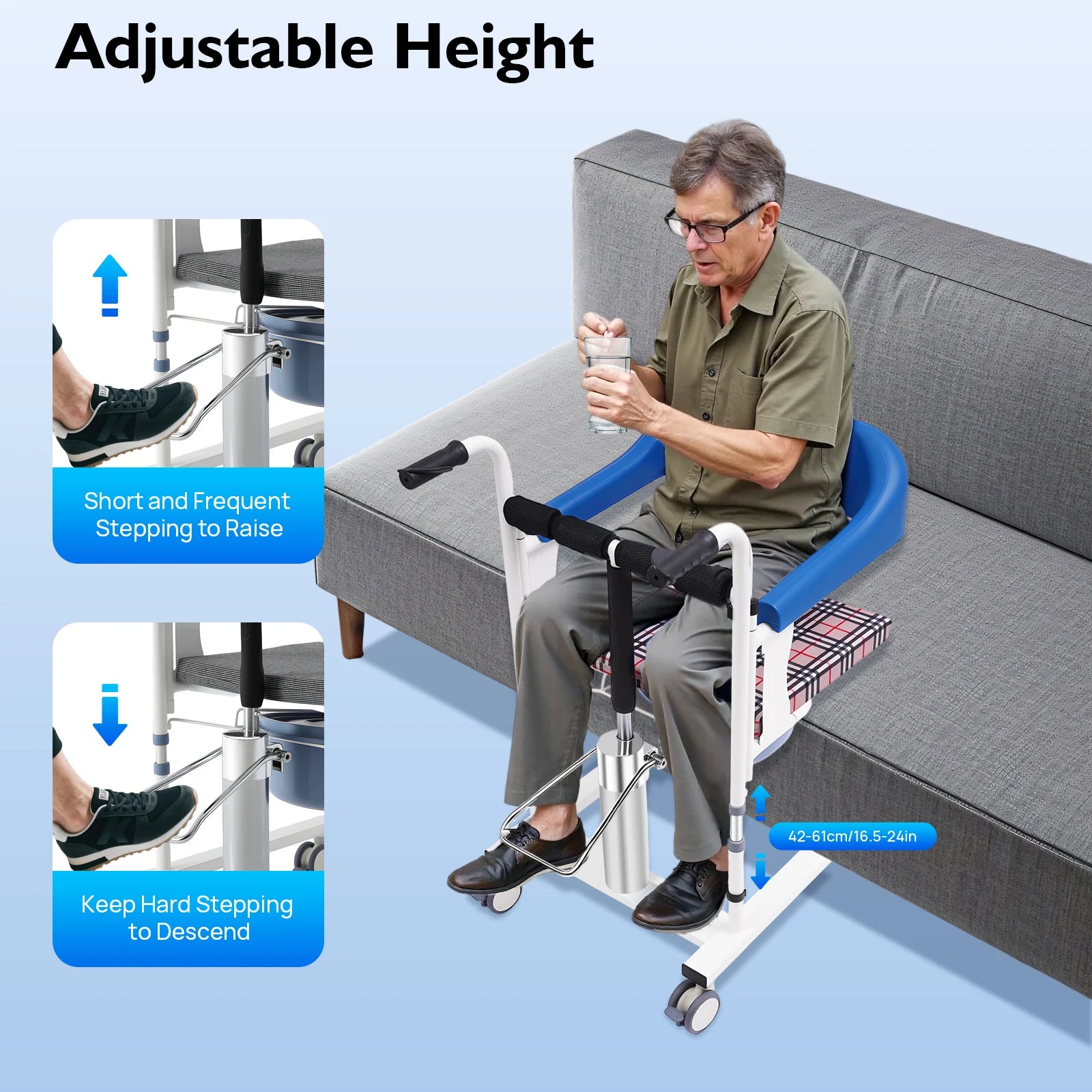 Hydraulic Patient Lift Nursing Chair Transport Seat with Commode, Adjustable Height Transfer Wheelchair for Elderly and Disabled