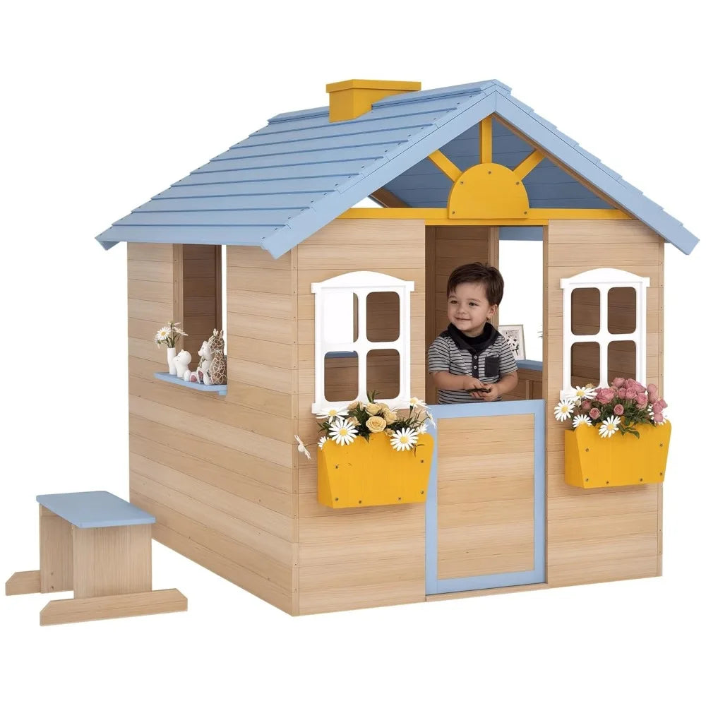 Outdoor Garden Wooden Playhouse with Operable Doors and Windows, Bench, Customizable