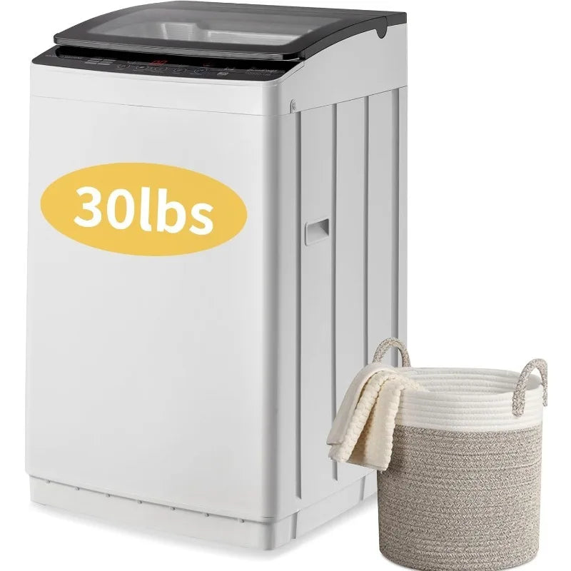 Full Automatic Washing Machine with Drain Pump 30Lbs Capacity Tempered Glass Lid Portable Washer Spinner 8 Programs 5 Water