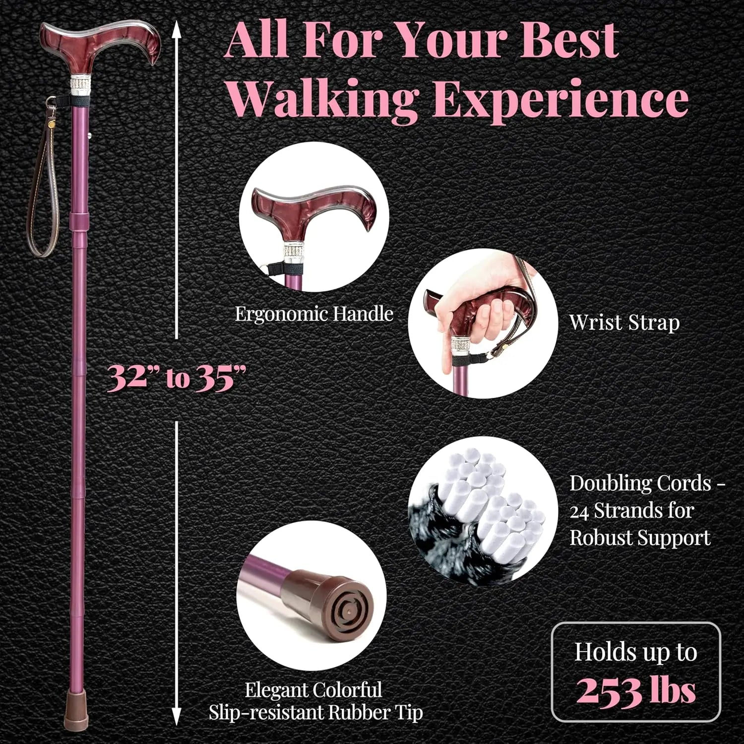 Lightweight Foldable Walking Canes for Women and Men, Adjustable & Collapsible with Bag and Reflective Holder