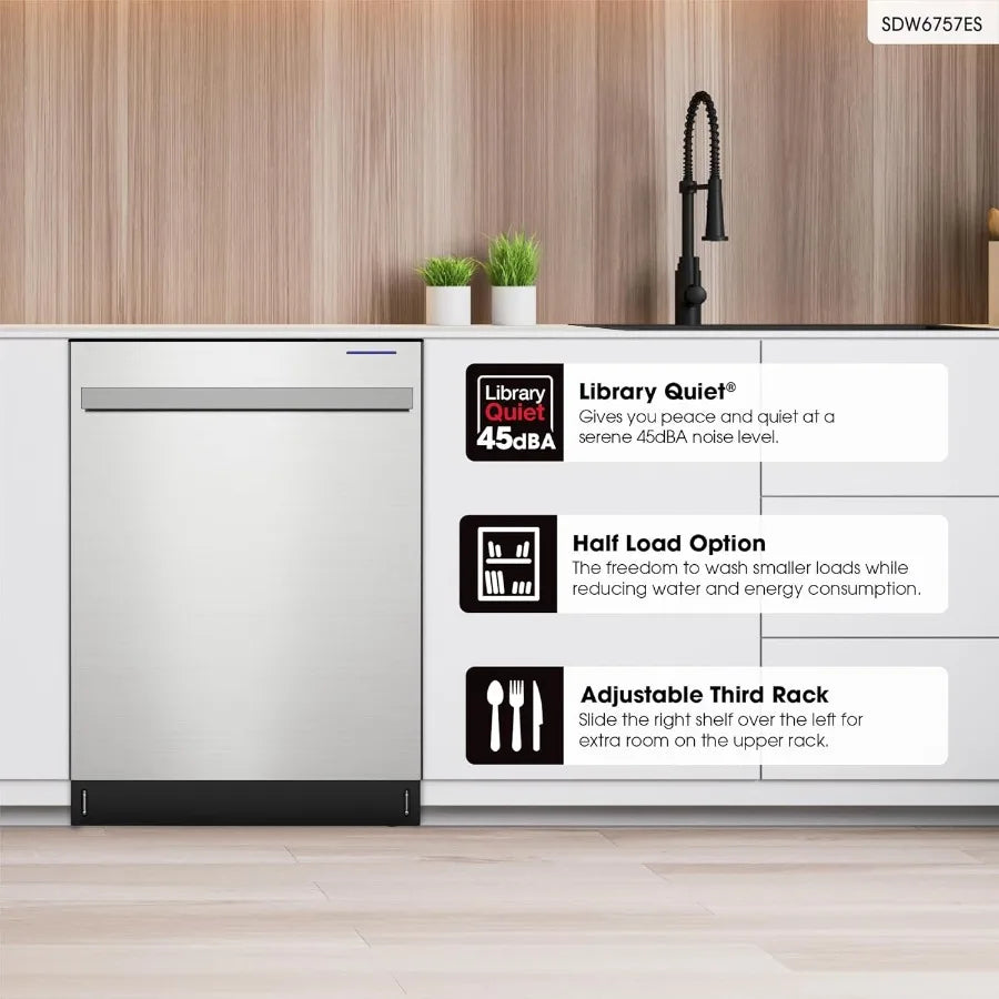 Slide-In Dishwasher 24 Wide Stainless Steel Finish with Soil Sensors Premium White LED Lighting Smooth Glide Rails Heated Dry R
